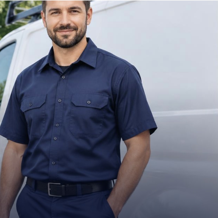 Independent locksmith standing beside a service van